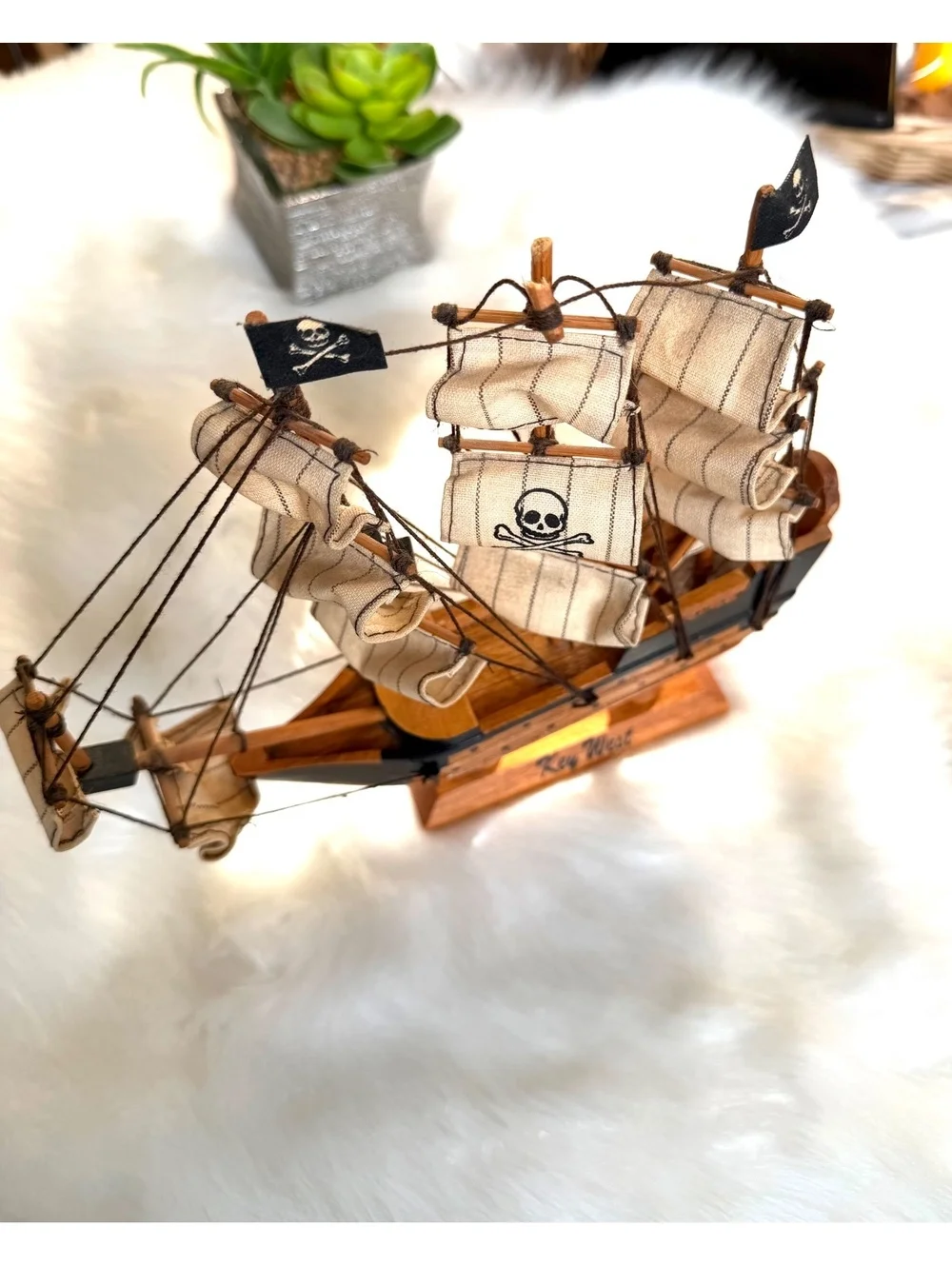 Miniature Wooden Pirate Ship Model with Fabric Sails and Skull Flags